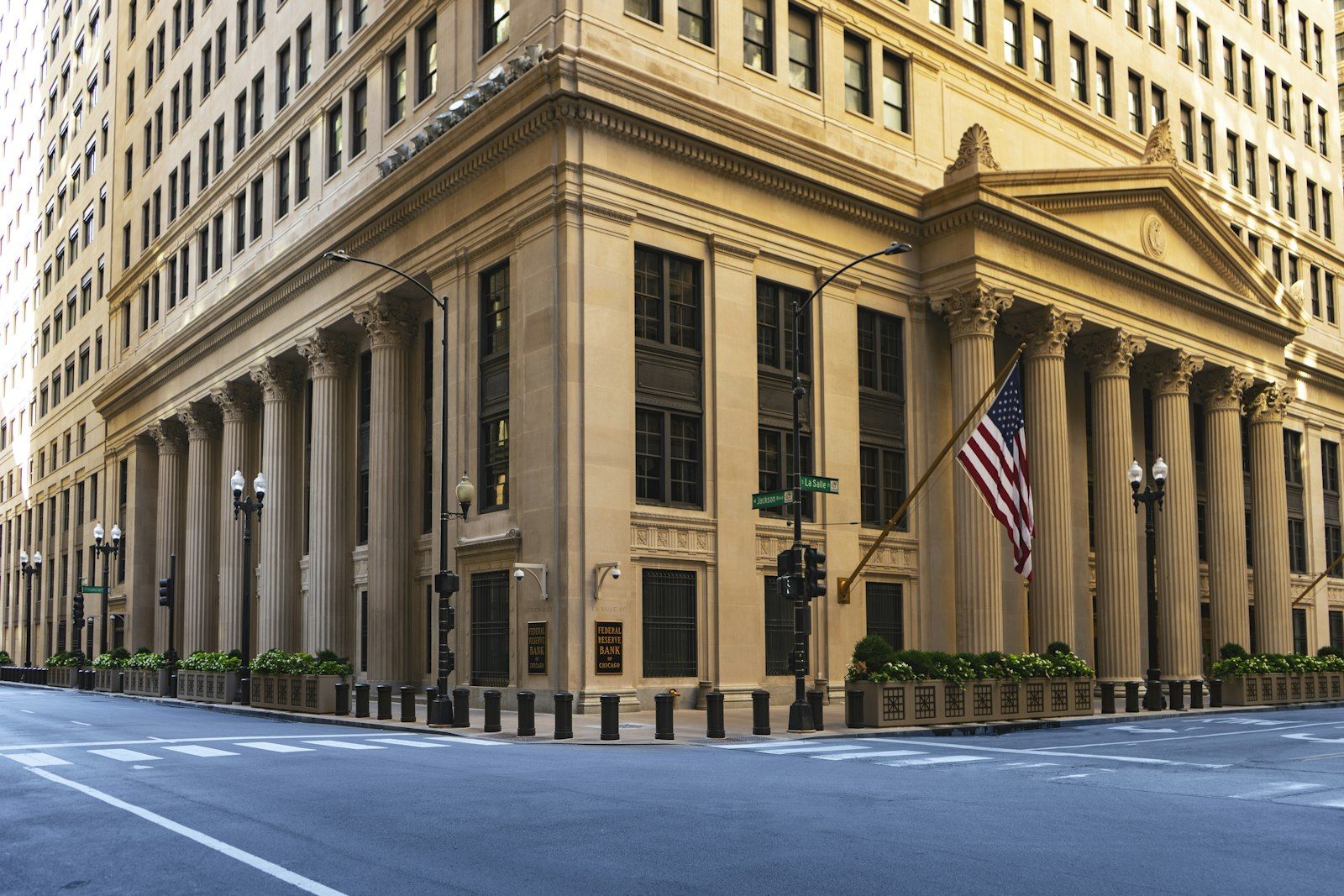 Classical columned facade of a federal government building in Washington under a clear sky